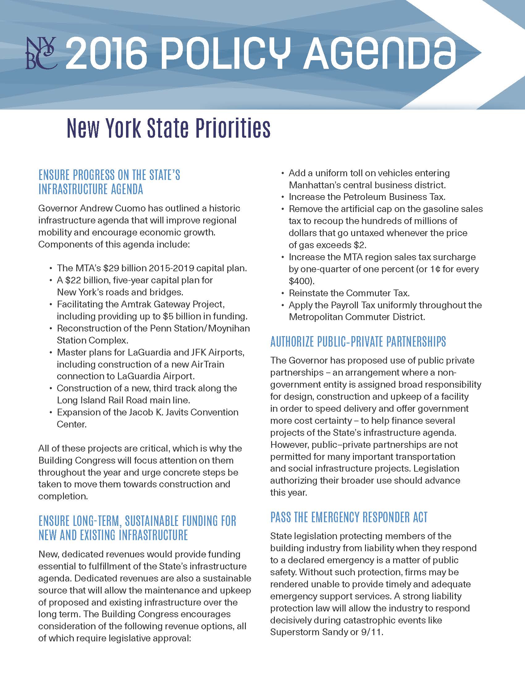 Sympton Ambassade Zijdelings 2016 Policy Agenda | New York Building Congress